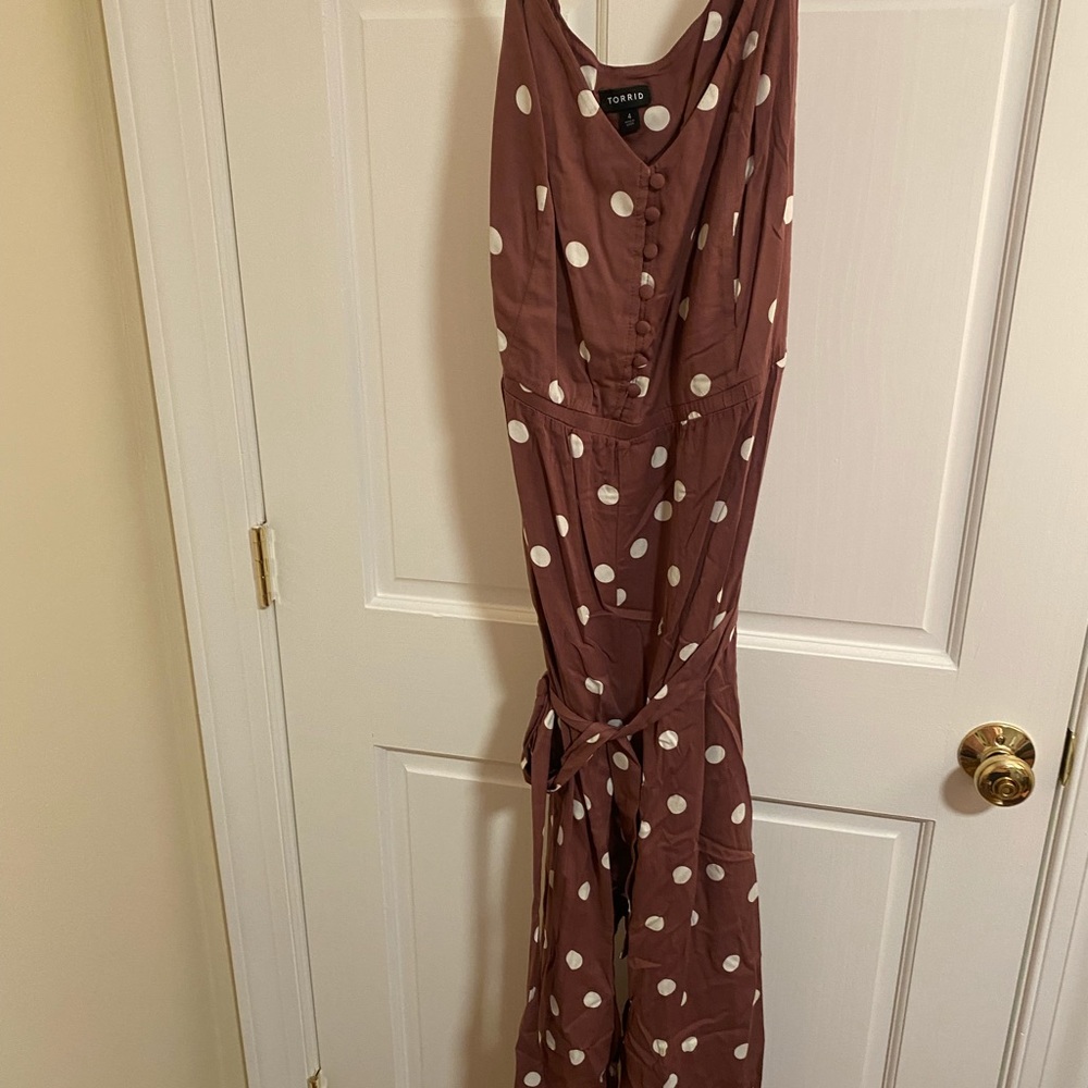 Mauve polka dot Capri romper